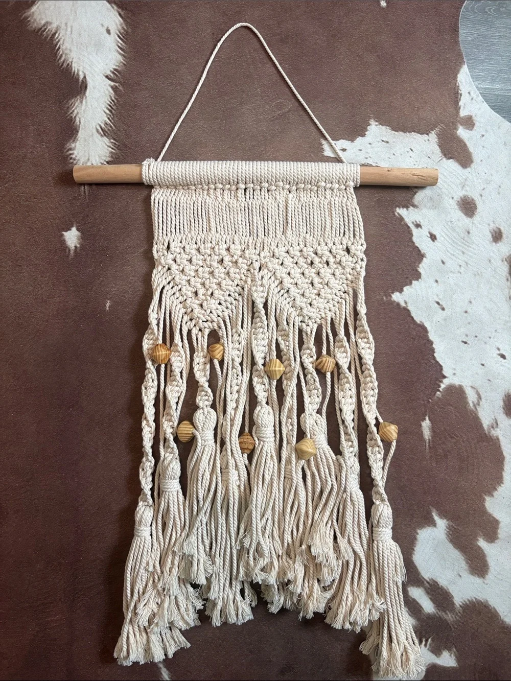 Handmade Cream Macrame Wall Hanging with Wooden Beads